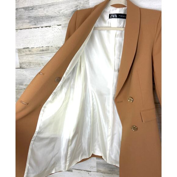 Zara Women’s S Camel Double Breasted Frock Coat Lined Long Blazer Jacket NEW - Picture 4 of 7